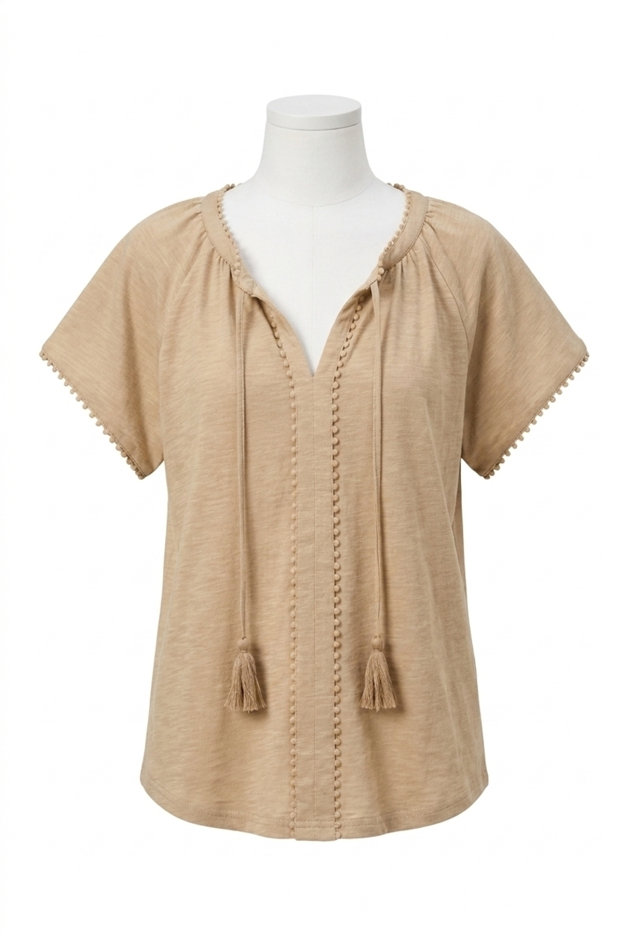 NEW TRIBAL cotton slub split neck tassel top in beach
